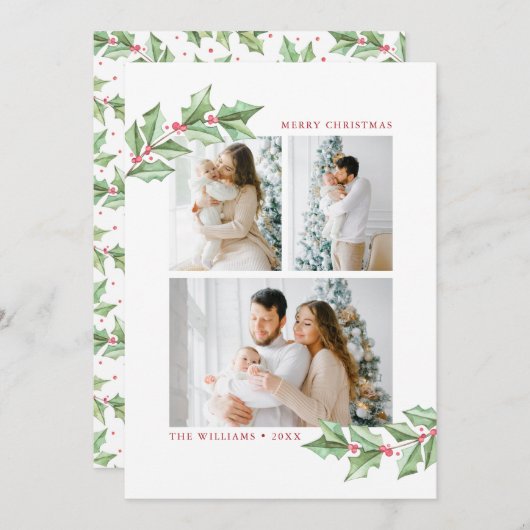 メリークリスマスウォーターカラーホリー3写真休日 (正面/裏面)