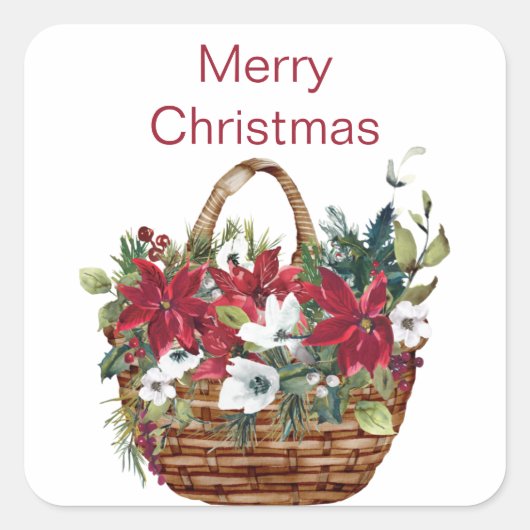 メリークリスマスウォーターカラーポインセチアフローラ スクエアシール (正面)
