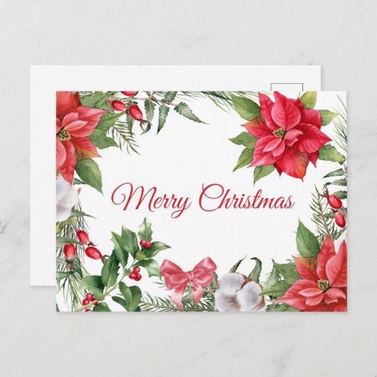 メリークリスマスウォーターカラーポインセチア花 シーズンポストカード (正面/裏面)