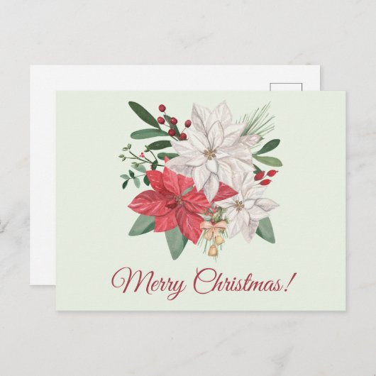 メリークリスマスウォーターカラーポインセチア花 シーズンポストカード (正面/裏面)