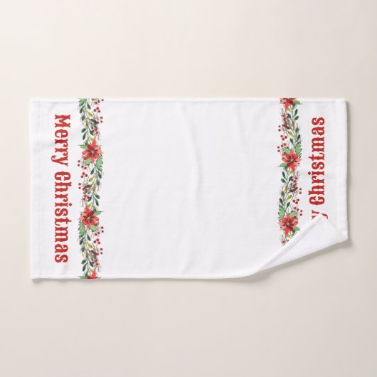 メリークリスマスウォーターカラーポインセティアスとベリー バスタオルセット (ハンドタオル)