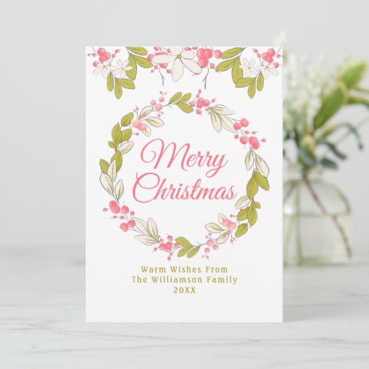 メリークリスマスウォーターカラーリースとベリー 招待状 (スタンド正面)