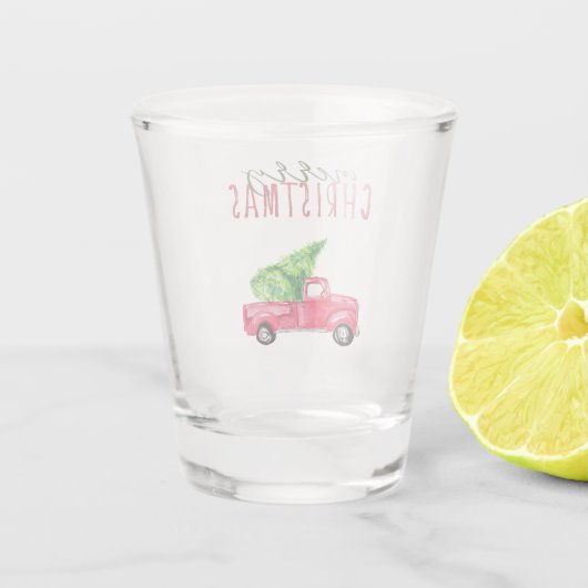 メリークリスマスウォーターカラーレッドピックアップトラックツリー ショットグラス (裏面)