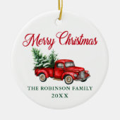 メリークリスマスウォーターカラーヴィンテージトラックレッドグリーン セラミックオーナメント (正面)