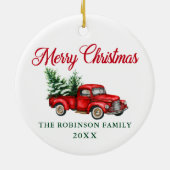 メリークリスマスウォーターカラーヴィンテージトラックレッドグリーン セラミックオーナメント (裏面)
