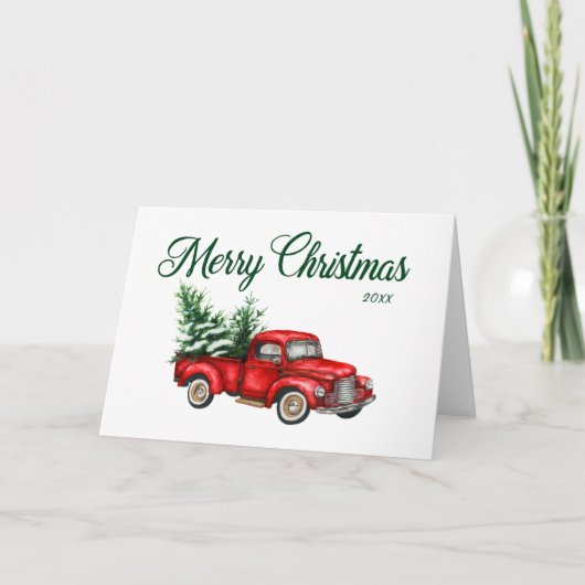 メリークリスマスウォーターカラーヴィンテージトラック年折 カード (正面)