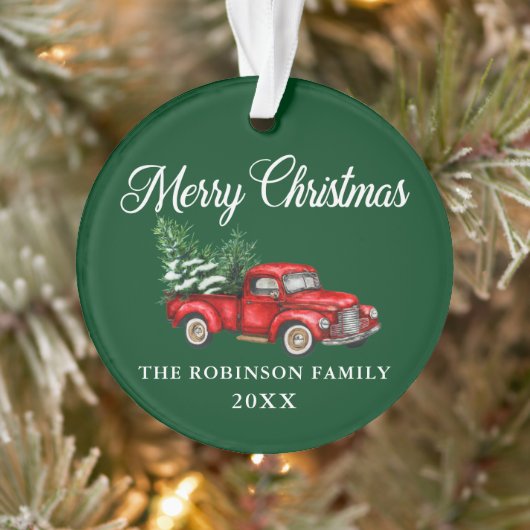 メリークリスマスウォーターカラーヴィンテージレッドトラックグリーン オーナメント (ツリー)