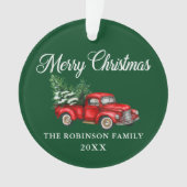 メリークリスマスウォーターカラーヴィンテージレッドトラックグリーン オーナメント (正面)