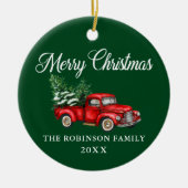 メリークリスマスウォーターカラーヴィンテージレッドトラックグリーン セラミックオーナメント (正面)