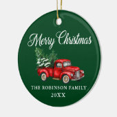メリークリスマスウォーターカラーヴィンテージレッドトラックグリーン セラミックオーナメント (左)
