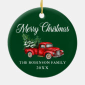 メリークリスマスウォーターカラーヴィンテージレッドトラックグリーン セラミックオーナメント (裏面)