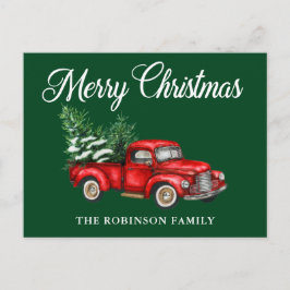 メリークリスマスウォーターカラーヴィンテージレッドトラックグリーン ポストカード