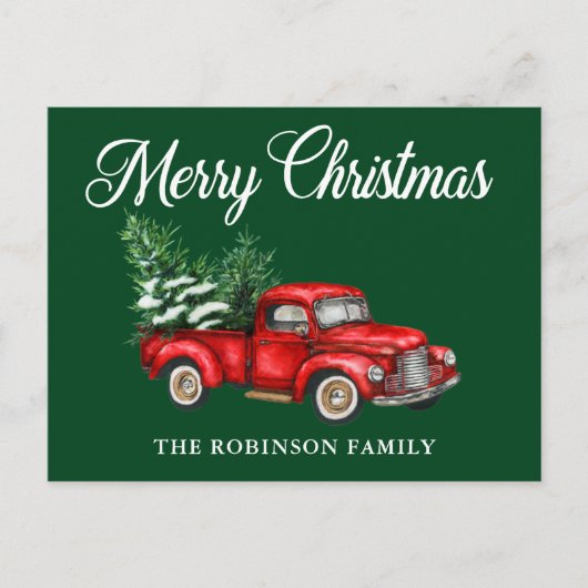 メリークリスマスウォーターカラーヴィンテージレッドトラックグリーン ポストカード (正面)