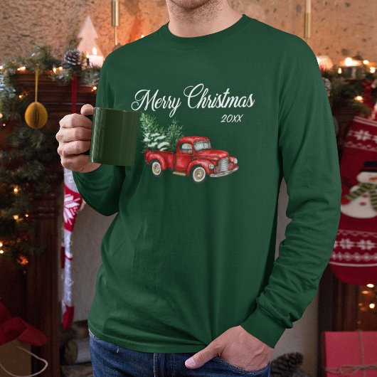 メリークリスマスウォーターカラーヴィンテージレッドトラックグリーン Tシャツ