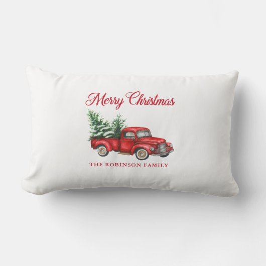 メリークリスマスウォーターカラーヴィンテージレッドトラックパティオ アウトドアクッション (正面)