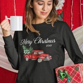 メリークリスマスウォーターカラーヴィンテージレッドトラックブラック スウェットシャツ