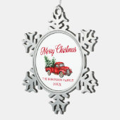 メリークリスマスウォーターカラーヴィンテージレッドトラックホワイト スノーフレークピューターオーナメント (右)