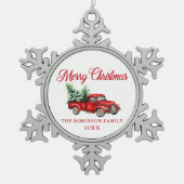 メリークリスマスウォーターカラーヴィンテージレッドトラックホワイト スノーフレークピューターオーナメント (正面)