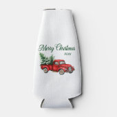 メリークリスマスウォーターカラーヴィンテージレッドトラック年 ボトルクーラー (正面)
