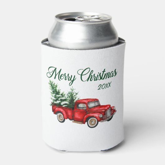 メリークリスマスウォーターカラーヴィンテージレッドトラック年 缶クーラー (缶正面)
