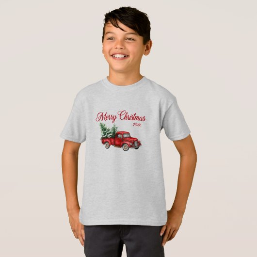 メリークリスマスウォーターカラーヴィンテージレッドトラック年 Tシャツ (正面フル)