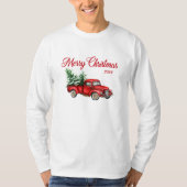メリークリスマスウォーターカラーヴィンテージレッドトラック年 Tシャツ (正面)