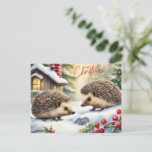 メリークリスマスウォーターカラー森のハリネズミ シーズンポストカード (スタンド正面)