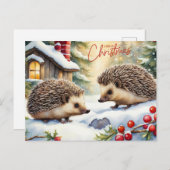 メリークリスマスウォーターカラー森のハリネズミ シーズンポストカード (正面/裏面)