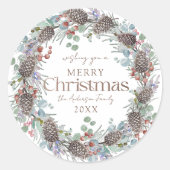 メリークリスマスウォーターカラー植物性リース ラウンドシール (正面)
