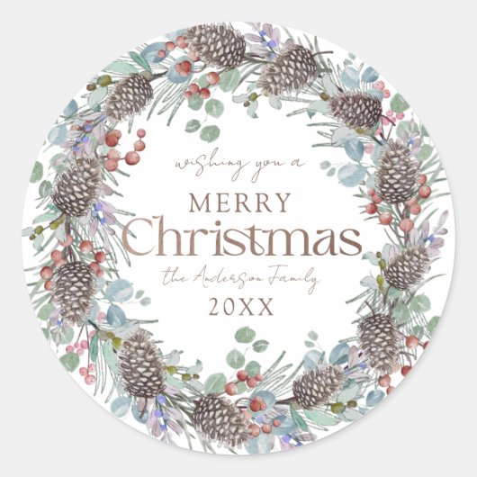 メリークリスマスウォーターカラー植物性リース ラウンドシール (正面)