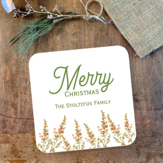 メリークリスマスウォーターカラー植物性名前をカスタムする スクエアシール