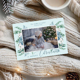 メリークリスマスウォーターカラー植物系ホリデーフォト カード