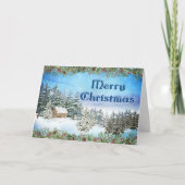メリークリスマスウォーターカラー雪の森のキャビン シーズンカード (正面)