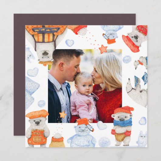 メリークリスマスウォーター色かわいいホッキョクグマの写真 (正面/裏面)