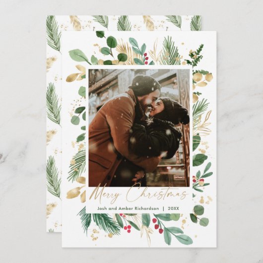 メリークリスマスウォーター色の緑の金ゴールド赤いヒイラギ (正面/裏面)