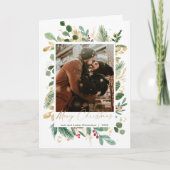 メリークリスマスウォーター色の緑の金ゴールド赤いヒイラギ ノートカード (正面)