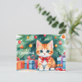 メリークリスマスウォーター色オレンジ色の子猫 シーズンポストカード (スタンド正面)