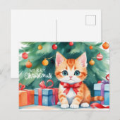 メリークリスマスウォーター色オレンジ色の子猫 シーズンポストカード (正面/裏面)