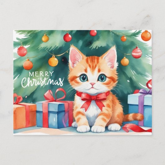 メリークリスマスウォーター色オレンジ色の子猫 シーズンポストカード (正面)