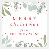 メリークリスマスウォーター色ガーランド冬の葉 スクエアシール (正面)