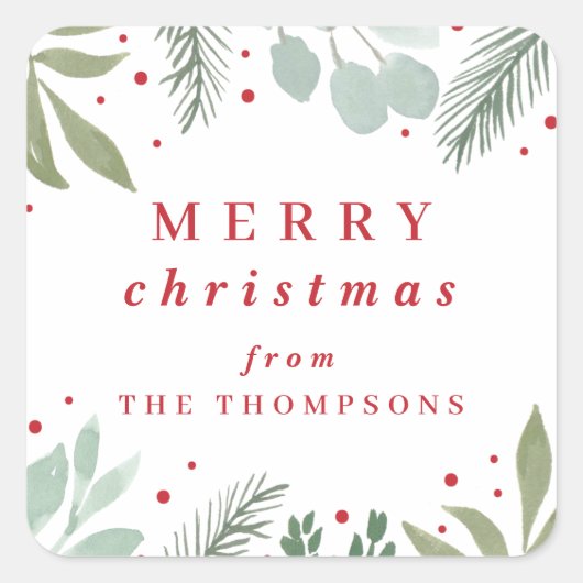 メリークリスマスウォーター色ガーランド冬の葉 スクエアシール (正面)