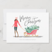 メリークリスマスウォーター色クリスマスガールそり シーズンカード (正面)