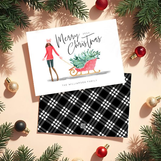 メリークリスマスウォーター色クリスマスガールそり シーズンカード