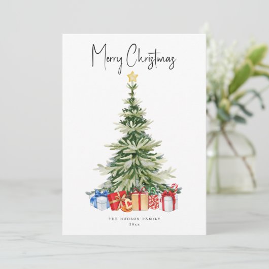 メリークリスマスウォーター色クリスマスツリーカード カード (スタンド正面)
