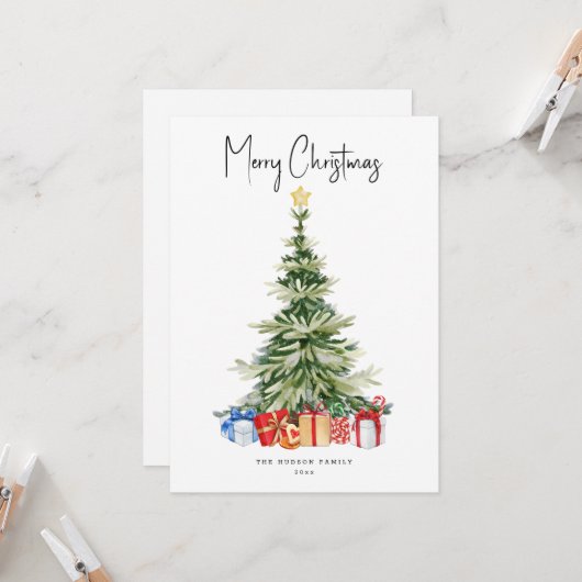 メリークリスマスウォーター色クリスマスツリーカード カード (正面/裏面インサイチュ)