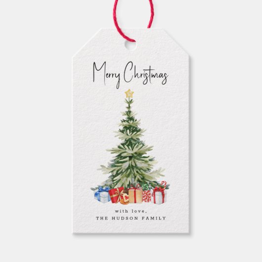 メリークリスマスウォーター色クリスマスツリーカード ギフトタグ (正面)