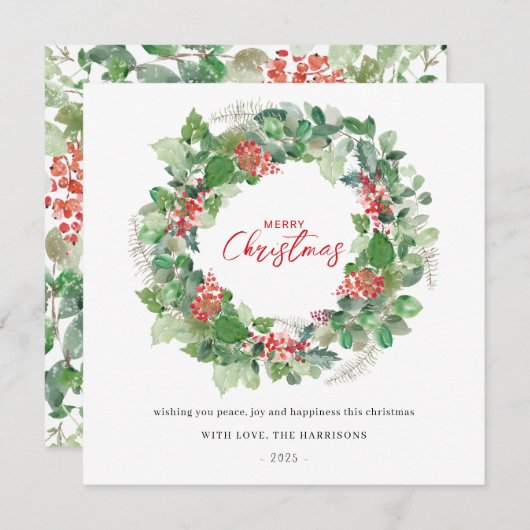 メリークリスマスウォーター色フローラホリデーカード (正面/裏面)