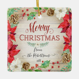 メリークリスマスウォーター色リース家族の写真 セラミックオーナメント