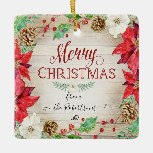 メリークリスマスウォーター色リース家族の写真 セラミックオーナメント (正面)