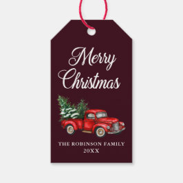 メリークリスマスウォーター色ヴィンテージレッドトラック ギフトタグ